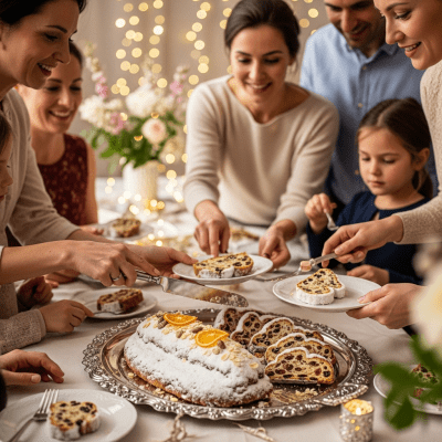 A scene showing the Stollen (cake) being served or enjoyed at a festive occasion, such as a birthday party or wedding