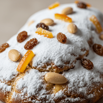 Close-up macro photograph of the surface texture and decoration of a Stollen (cake)