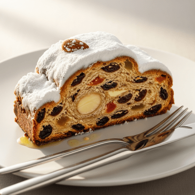 An image of a single slice of Stollen, from the cake taxonomy, isolated on a plate with simple cutlery