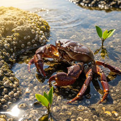 Naturalistic image of a Stone Crab, belonging to the taxonomy crabs, in its typical habitat such as a shoreline, rocky tide pool, or mangrove
