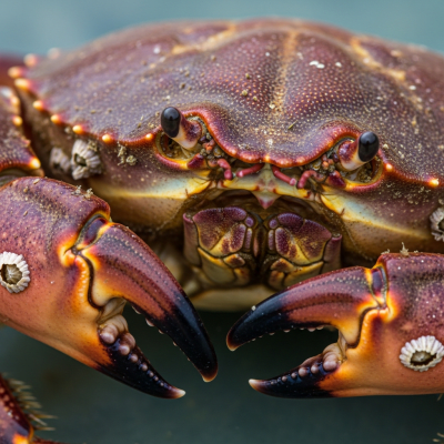 Close-up macro photograph of the shell texture and claws of a single Stone Crab