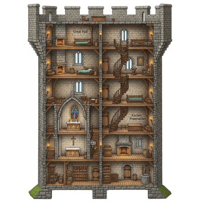 A detailed cross-sectional illustration of a Stone Keep Castle, from the castles taxonomy
