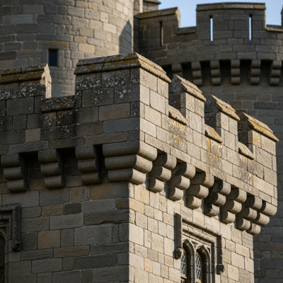 A close-up image focusing on unique architectural details of a Stone Keep Castle, from the castles taxonomy
