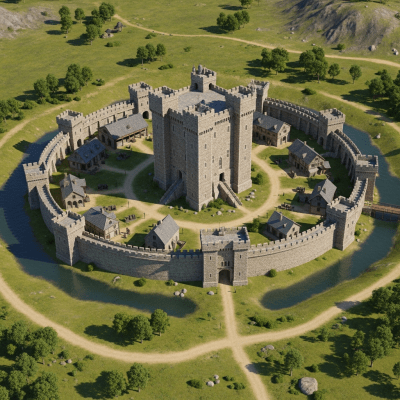 A bird's-eye view rendering of a Stone Keep Castle, classified in the castles taxonomy