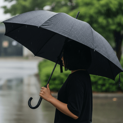 A realistic image of a Straight Umbrella (umbrellas) being used outdoors during a light rain, with droplets visible on the umbrella surface