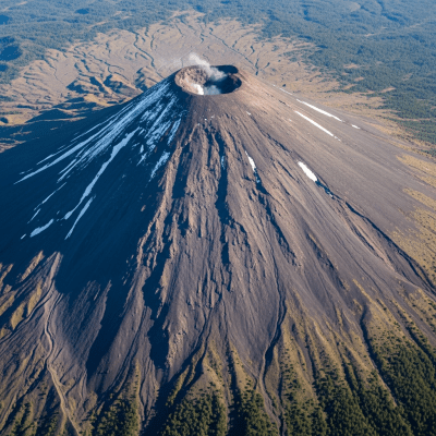 Aerial view photograph of the Stratovolcano, showcasing its shape and crater from above