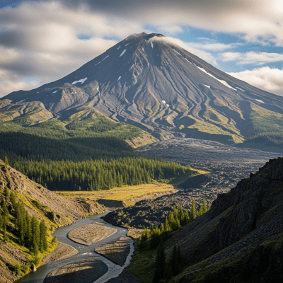 Natural landscape image showing the Stratovolcano in its real-world environment, emphasizing its geological features and surrounding terrain