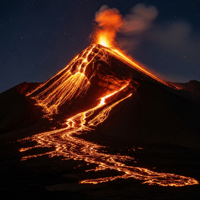 Nighttime image of the Stratovolcano, highlighting glowing lava and illuminated volcanic features