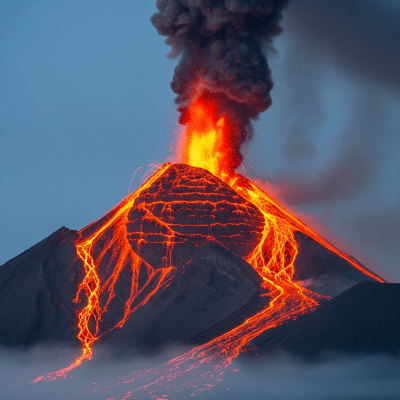 Image depicting the Stratovolcano during an eruption event, capturing lava flow, ash plume, and dynamic movement