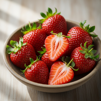 A high resolution image of several fresh Strawberrys arranged in a simple bowl, representing their use within the taxonomy berries