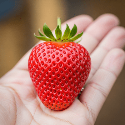 A factual photograph of a hand holding a ripe Strawberry, illustrating its size and appearance for the taxonomy berries