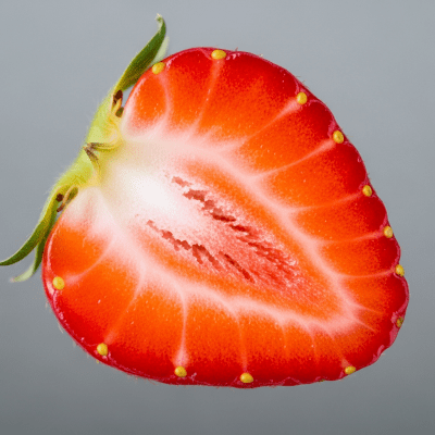 A close-up image showing a cross-section of the Strawberry, belonging to the fruits taxonomy
