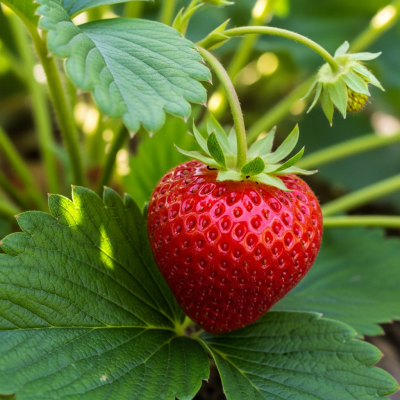 A photograph of a fresh Strawberry from the fruits taxonomy as it appears in its natural growing environment, such as on a tree, bush, or vine