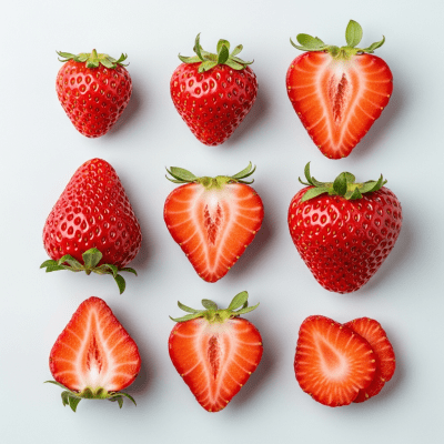 An overhead view photograph of several pieces of the Strawberry, from the fruits taxonomy, arranged aesthetically on a plain background