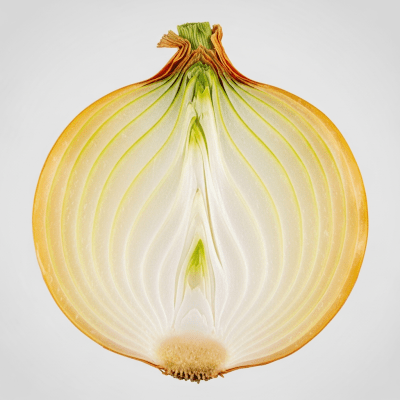 A detailed cross-sectional image of a Stuttgarter onion (onions) cut in half to reveal its internal layers and structure