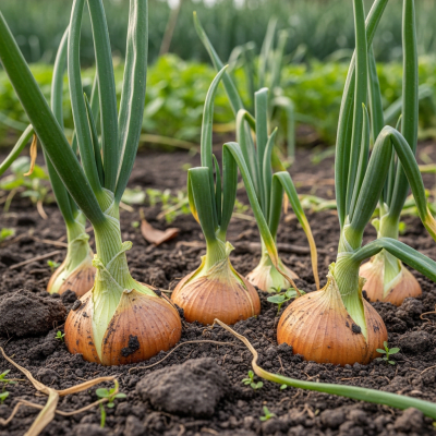 A photograph of a Stuttgarter onion (onions) in its natural environment or growing in soil