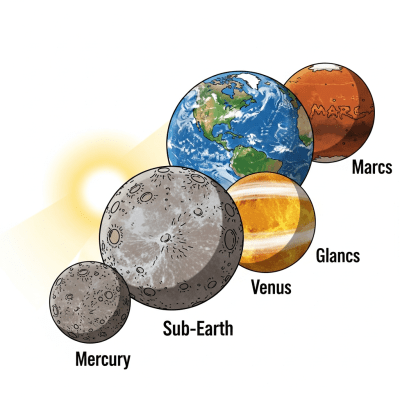 Illustration of a Sub-Earth (planets) as it might appear in an educational context, with canonical example planets shown nearby for reference