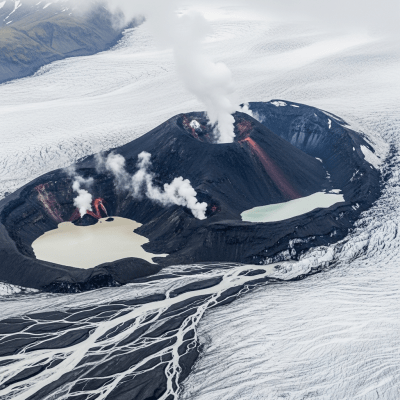 Aerial view photograph of the Subglacial volcano, showcasing its shape and crater from above