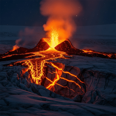 Nighttime image of the Subglacial volcano, highlighting glowing lava and illuminated volcanic features