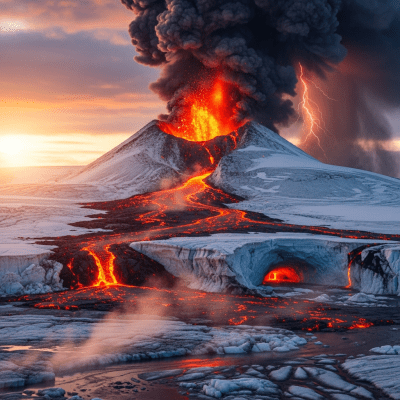 Image depicting the Subglacial volcano during an eruption event, capturing lava flow, ash plume, and dynamic movement