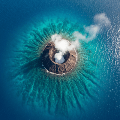 Aerial view photograph of the Submarine volcano, showcasing its shape and crater from above