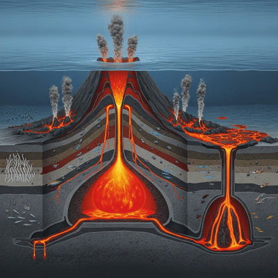 Scientific cross-sectional illustration of the Submarine volcano