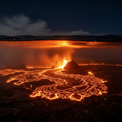 Nighttime image of the Submarine volcano, highlighting glowing lava and illuminated volcanic features