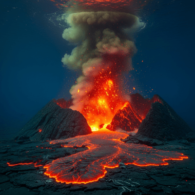 Image depicting the Submarine volcano during an eruption event, capturing lava flow, ash plume, and dynamic movement