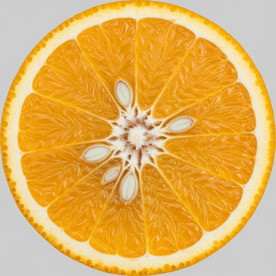 A detailed close-up cross-sectional image of a Succari Orange from the oranges taxonomy, sliced cleanly in half to reveal the interior segments, pulp, and rind structure