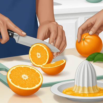 A realistic depiction of a Succari Orange from the oranges taxonomy being used in a culinary context, such as being sliced on a cutting board or prepared for juice