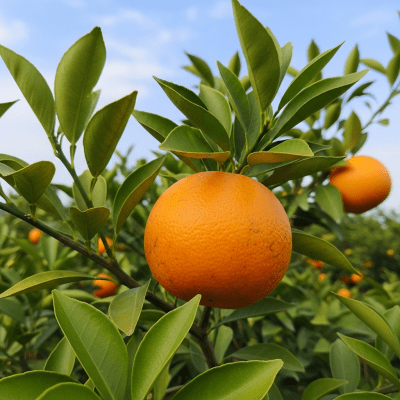 A naturalistic scene featuring a Succari Orange from the oranges taxonomy growing on a tree with leaves and branches visible