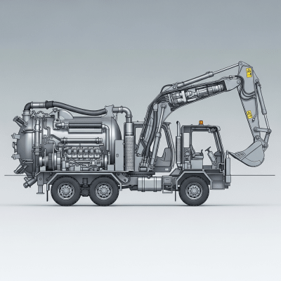 Detailed cross-sectional illustration of a Suction (vacuum) excavator from the excavators taxonomy