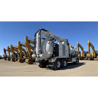 A wide-angle image of a fleet of various excavators, with the specific Suction (vacuum) excavator in the foreground for emphasis