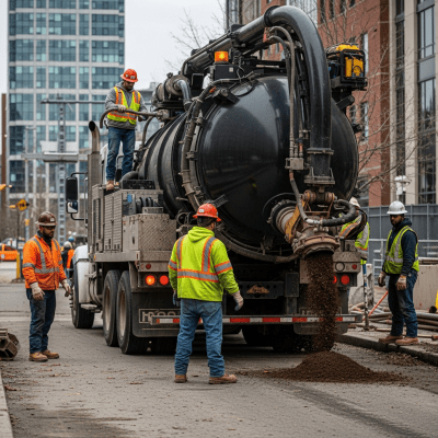 Image of a diverse group of construction workers operating or interacting with a Suction (vacuum) excavator from the excavators taxonomy