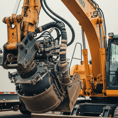 A close-up photograph focusing on the bucket and arm of a Suction (vacuum) excavator (excavators), showing details such as hydraulic lines, metal textures, and wear marks