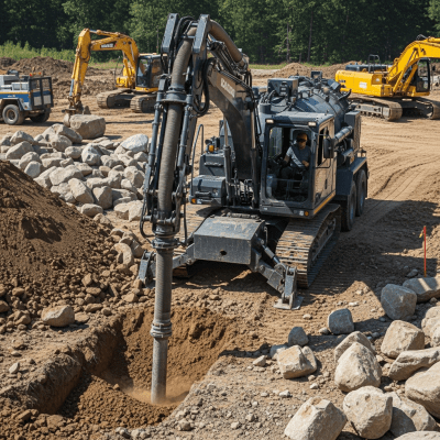 A realistic image of a Suction (vacuum) excavator (excavators) at work on a construction site, surrounded by soil, rocks, and machinery