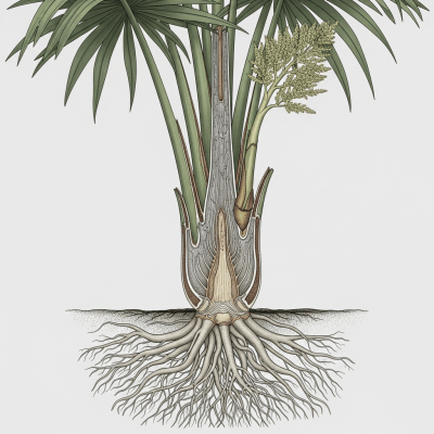 Cross-sectional scientific illustration of a Sugar Palm