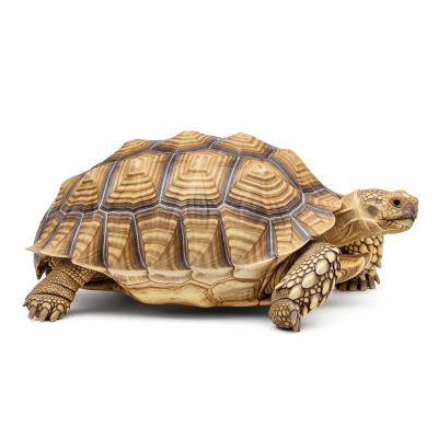 High quality studio photograph of a Sulcata Tortoise, belonging to the taxonomy reptiles