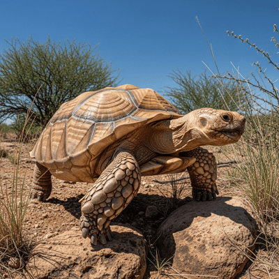 A dynamic action shot of a Sulcata Tortoise, part of the taxonomy reptiles, in motion such as climbing, swimming, basking, or hunting in its environment