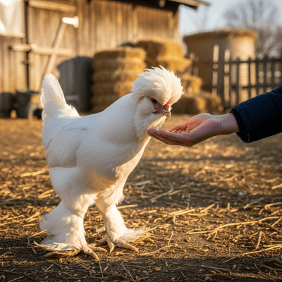 Photograph of a Sultan from the chicken taxonomy interacting with humans in a typical farm setting