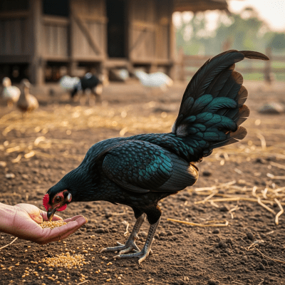 Photograph of a Sumatra from the chicken taxonomy interacting with humans in a typical farm setting