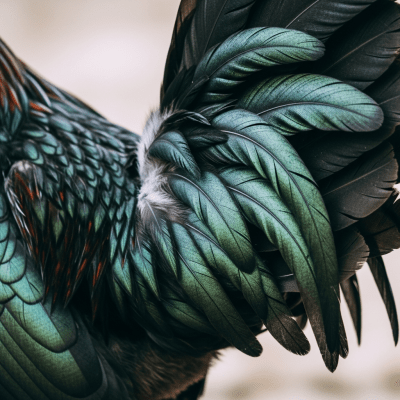 Close-up macro photograph highlighting the feather texture and coloration of a Sumatra from the chicken taxonomy