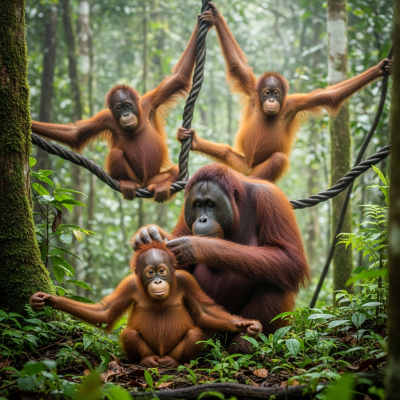 Image showing a group of Sumatran orangutan (apes) engaging in typical social behavior
