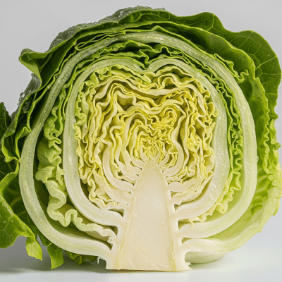 Detailed close-up image of a freshly cut cross-section of Summercrisp Lettuce, of the taxonomy lettuce