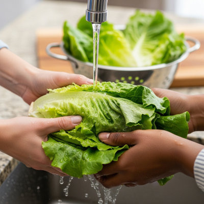 Photograph of a diverse pair of hands preparing or serving Summercrisp Lettuce in a kitchen setting