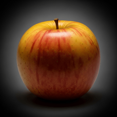 Editorial-style image of a single Suncrisp from the taxonomy apples, dramatically lit against a dark gradient background to highlight color and texture.