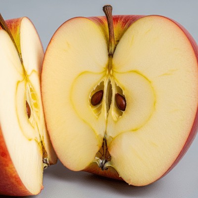 A close-up image showing a cross-section of a Suncrisp of the taxonomy apples, sliced cleanly in half to reveal internal structure, seeds, and flesh
