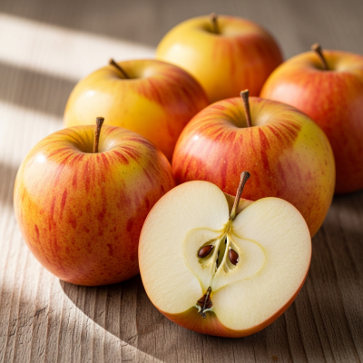 A simple arrangement showing several whole and one cut-open Suncrisp, displayed on a wooden surface