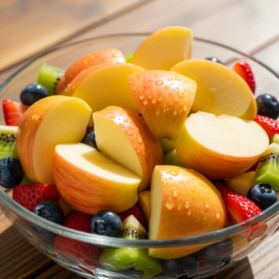 A photograph of a freshly sliced Suncrisp of the taxonomy apples, presented as part of a fruit salad in a clear bowl