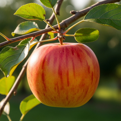 A naturalistic photograph of a Suncrisp, hanging on its tree branch with leaves visible